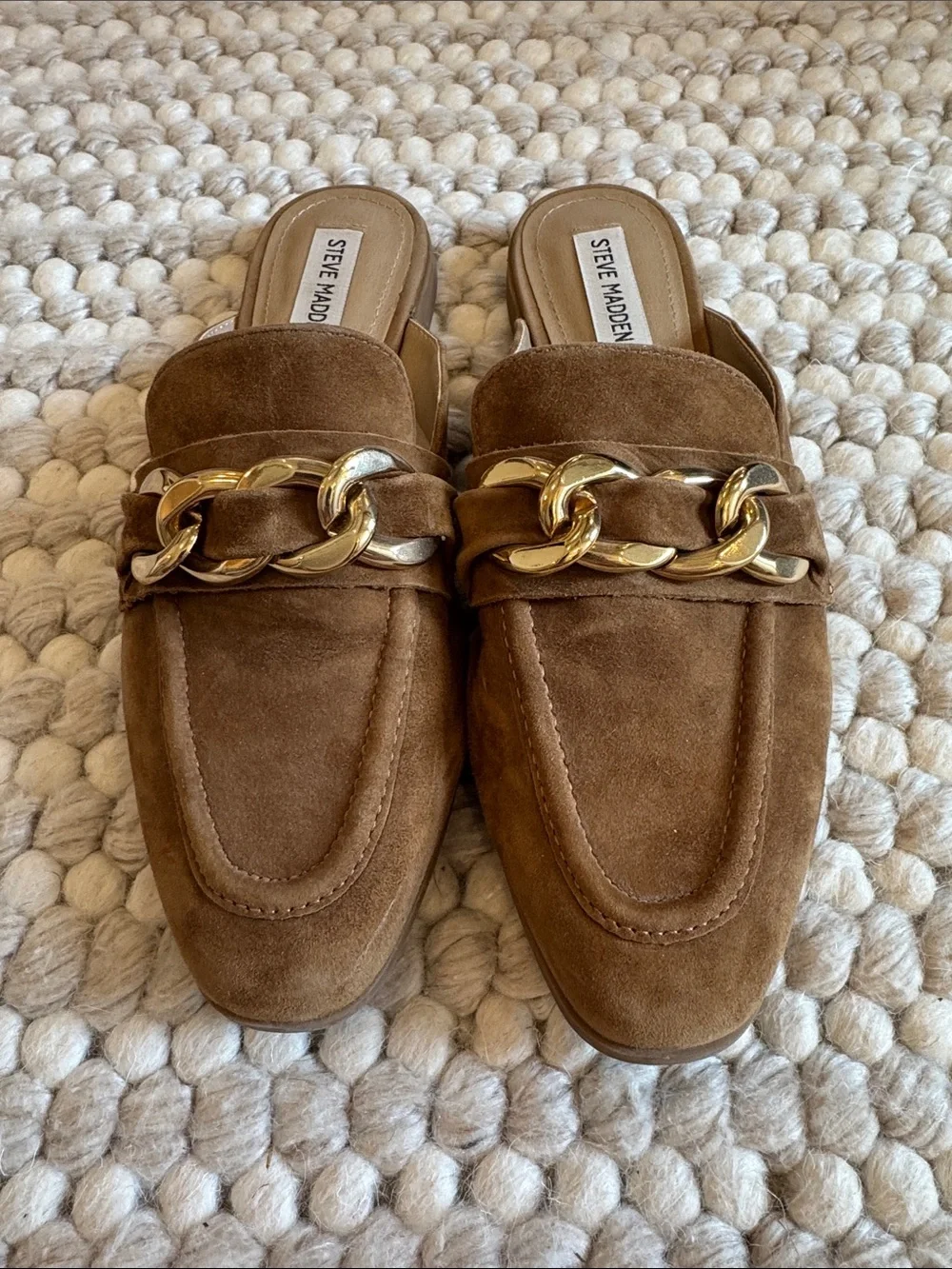 Steve Madden Brown Suede Chain-Trim Mules